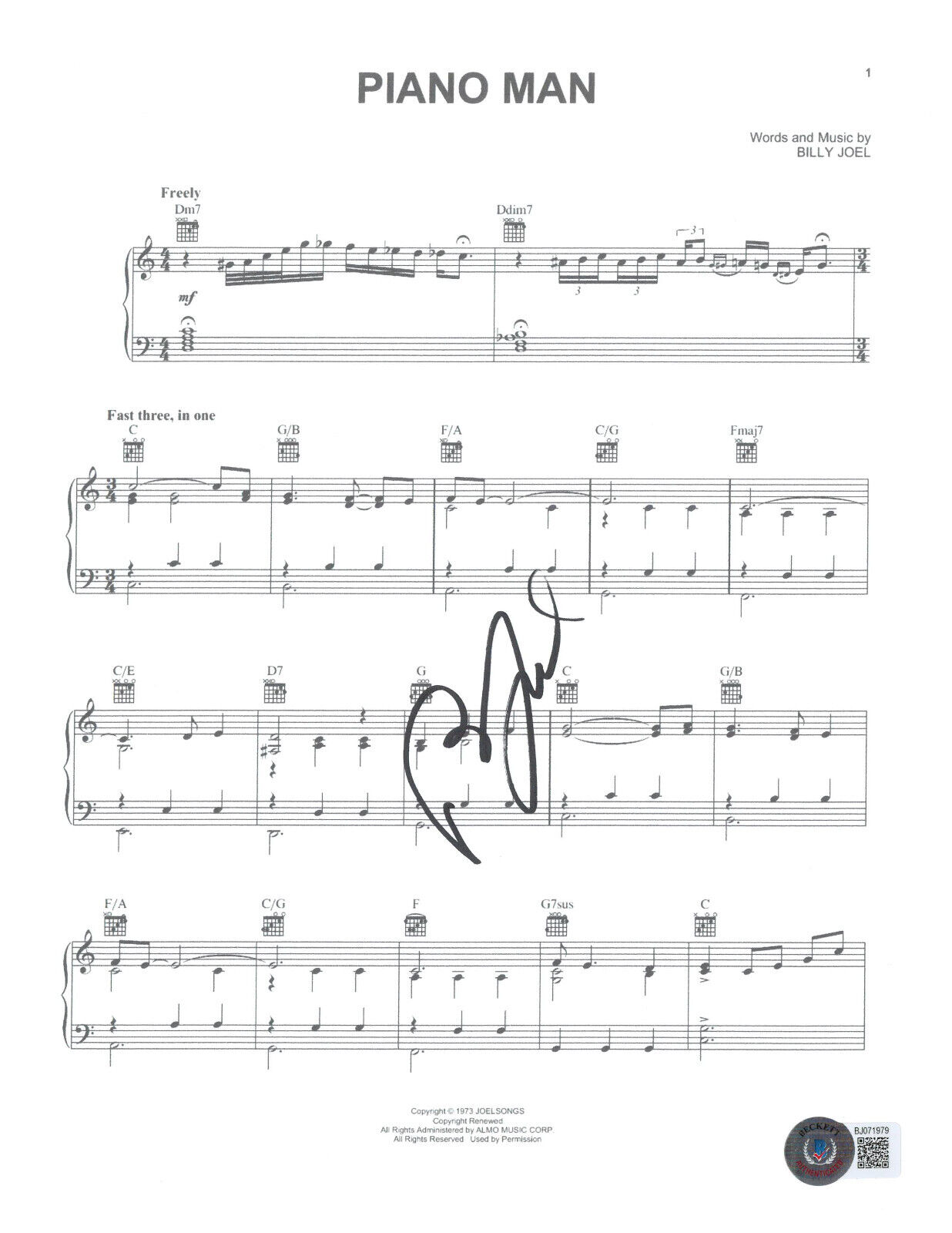 BILLY JOEL SIGNED AUTOGRAPH PIANO MAN MUSIC SHEET BECKETT BAS
