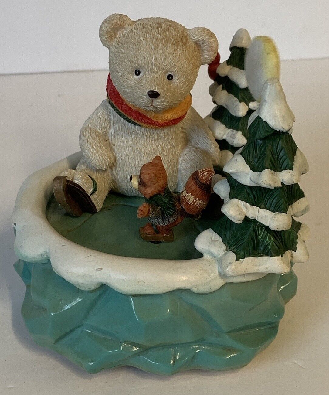 Vintage Christmas Music Box Skating Ice Pond Woodland Winter Teddy Bear Raccoon