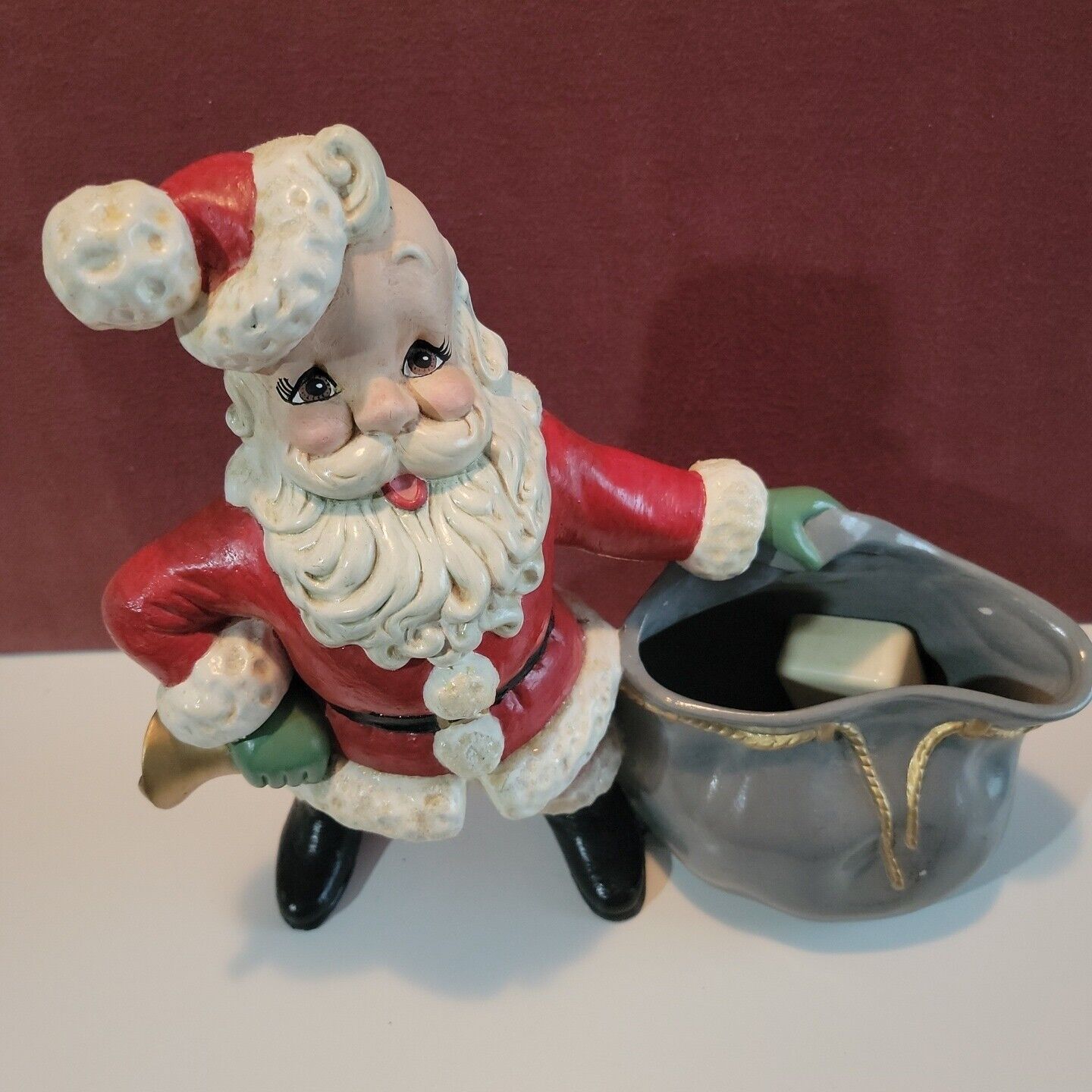 Vintage Hand Painted Ceramic Santa Claus With Bell And Toy Bag Music Box