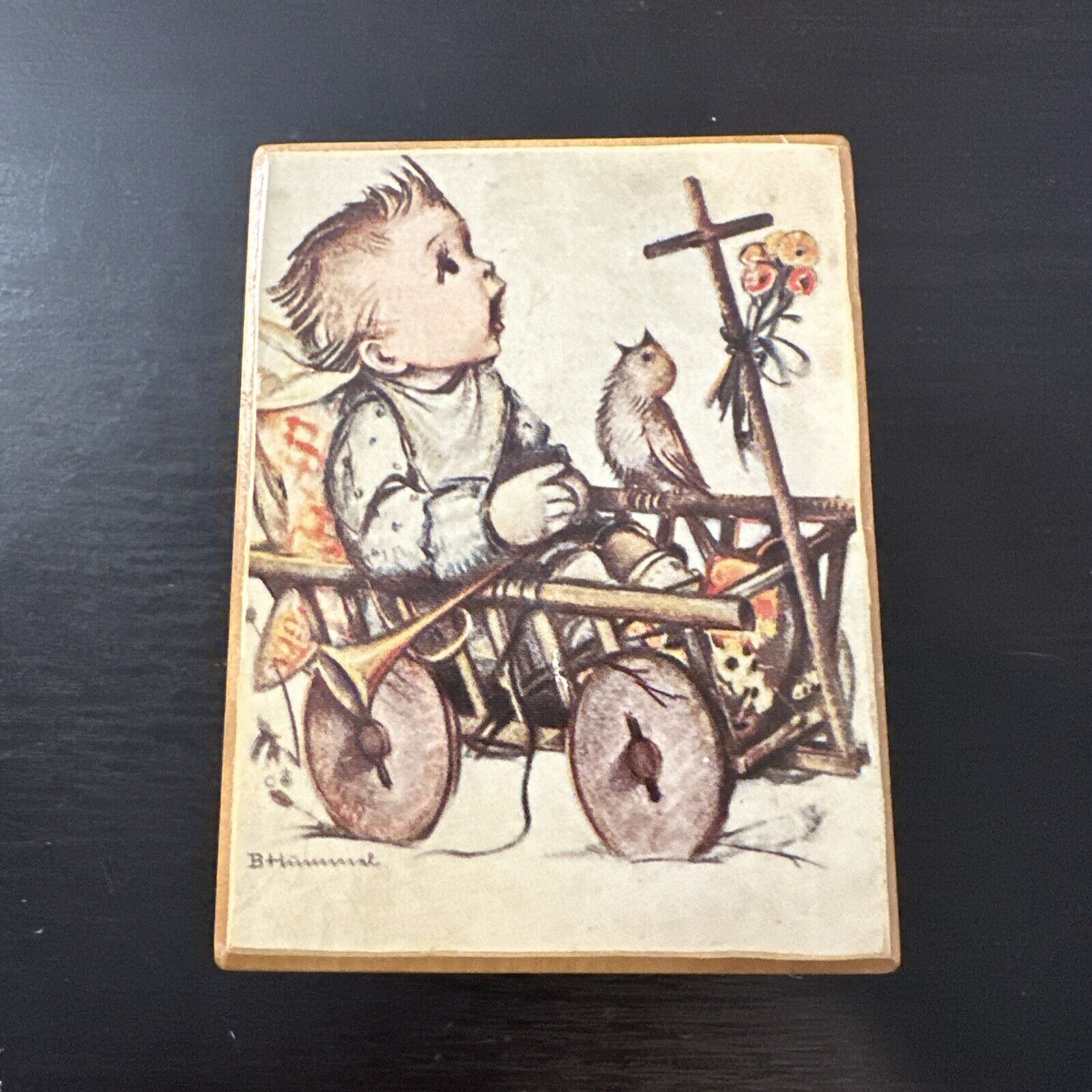 Vintage Hummel Music Box Boy In Wagon With Bird Works 3x4