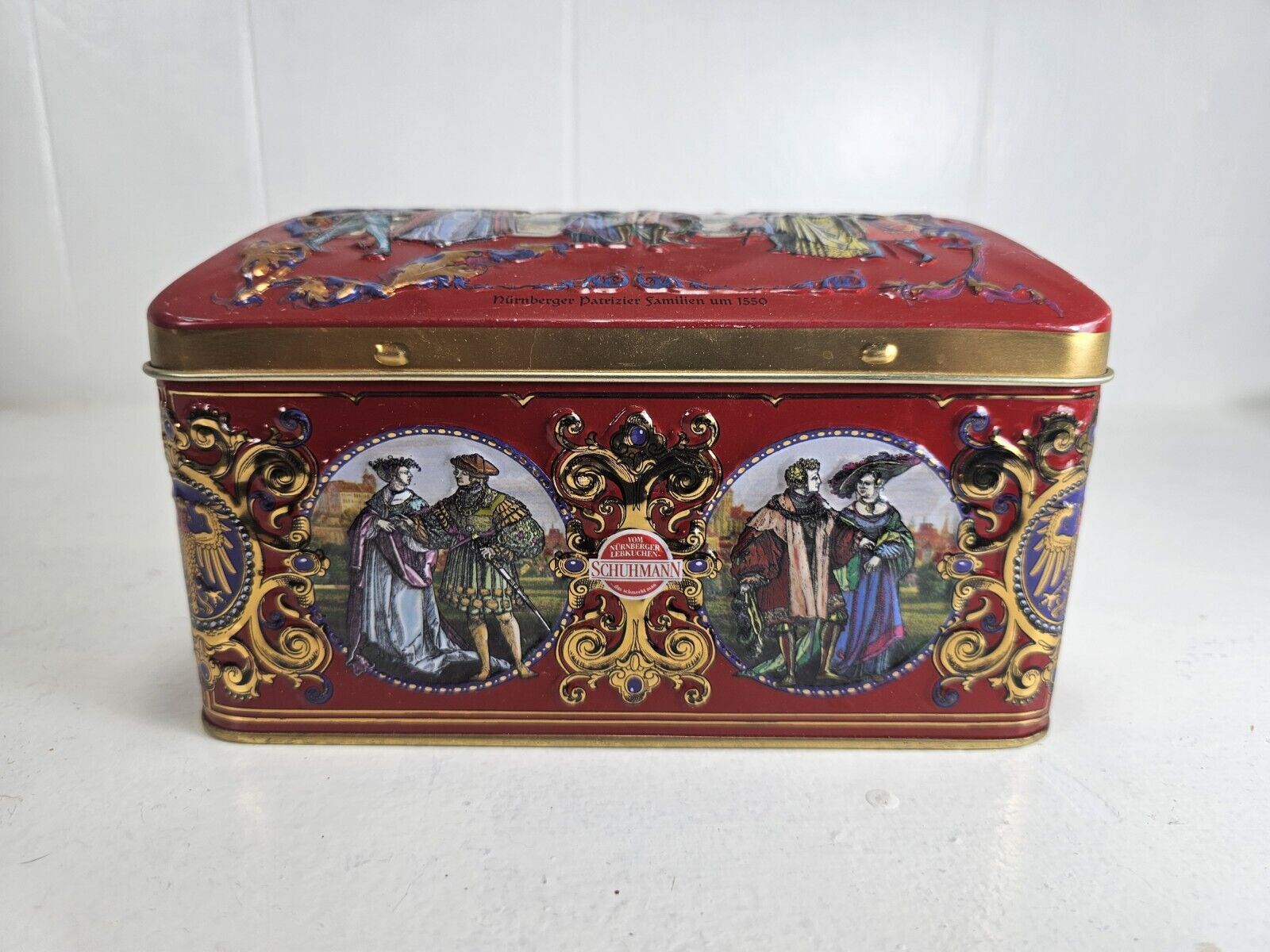 Vintage Music Box Tin Nurnberg Lebkuchen Schumann Medieval Embossed Design
