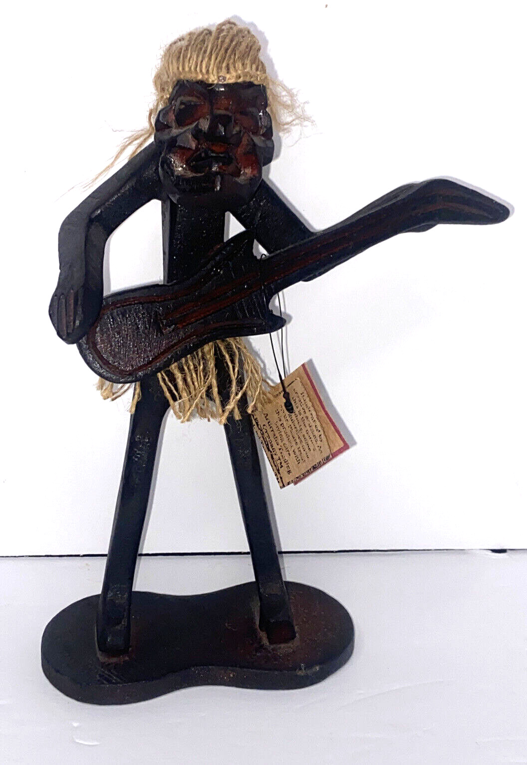 Tribal Tiki Man Playing Guitar Wooden Hand Carved in Indonesia Primitive Statue
