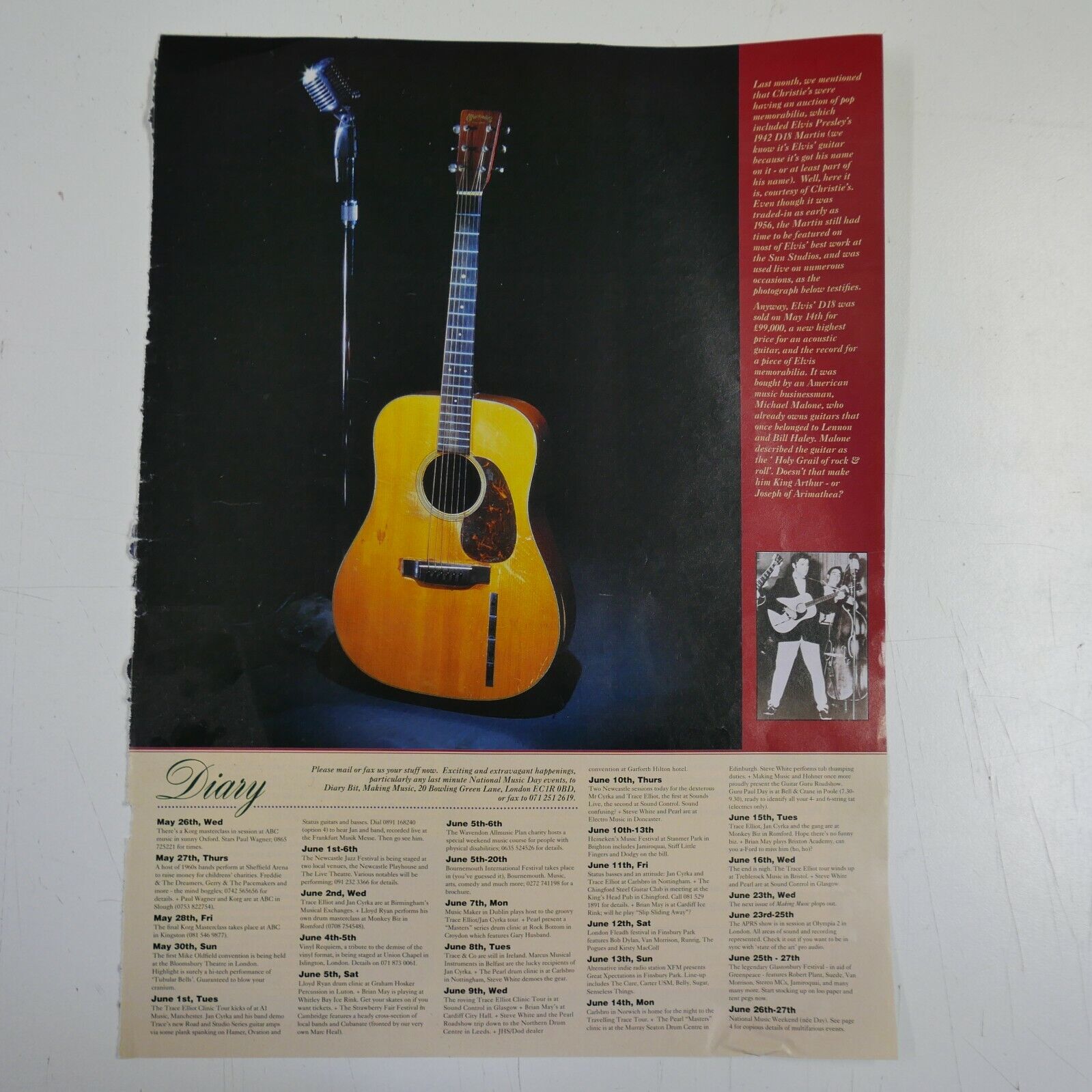 40x30cm magazine cutting 1992 ELVIS PRESLEY martin D18 guitar