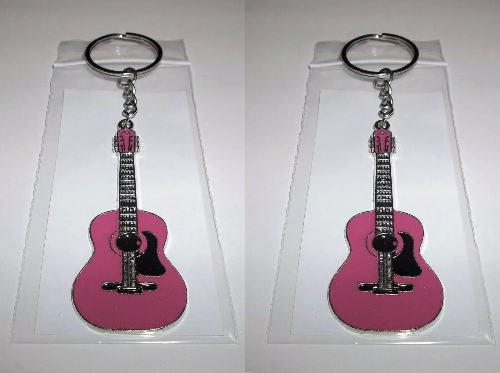 2 Lot-Pink Acoustic Guitar Keychains-Instrument Keyrings Music Band Player New