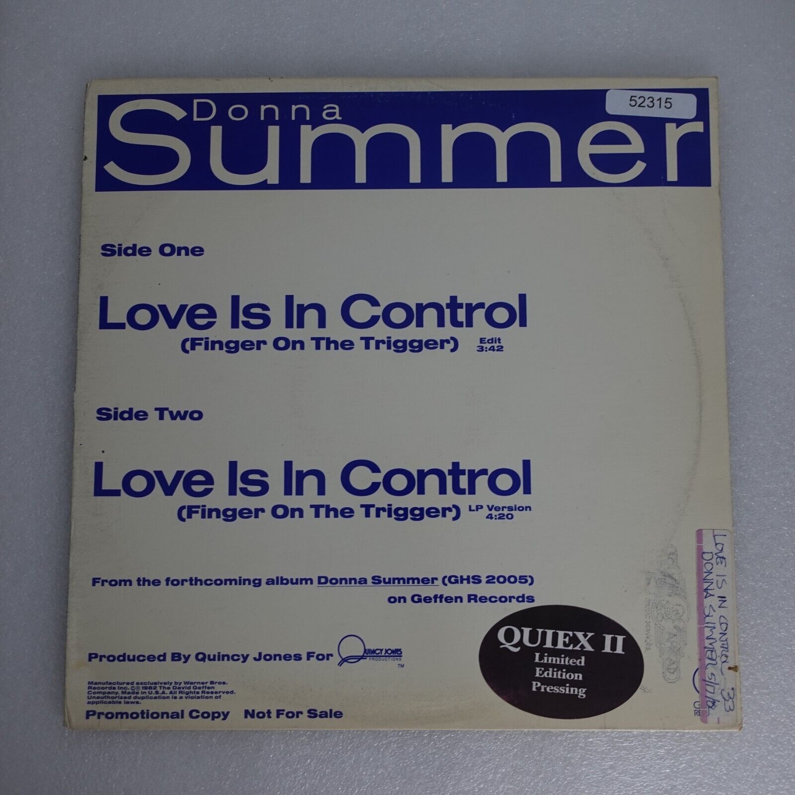Donna Summer Love Is In Control Finger On The Trigger PROMO SINGLE Vinyl Record