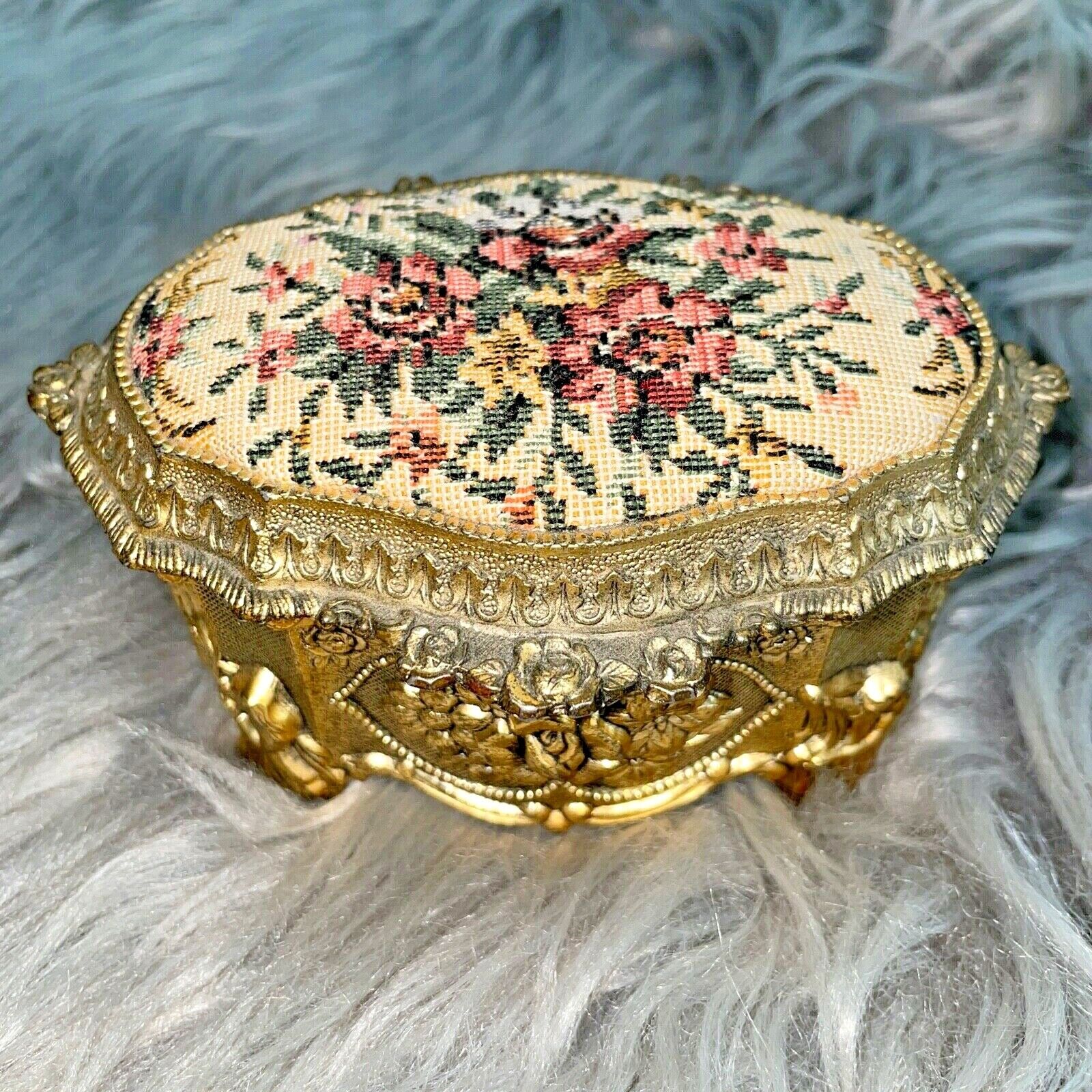 Vintage Sankyo Japan Jewelry Trinket Music Box Floral Cross Stitch Cushion Brass