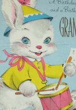UNUSED vintage birthday greeting card, rabbit playing drums, 6