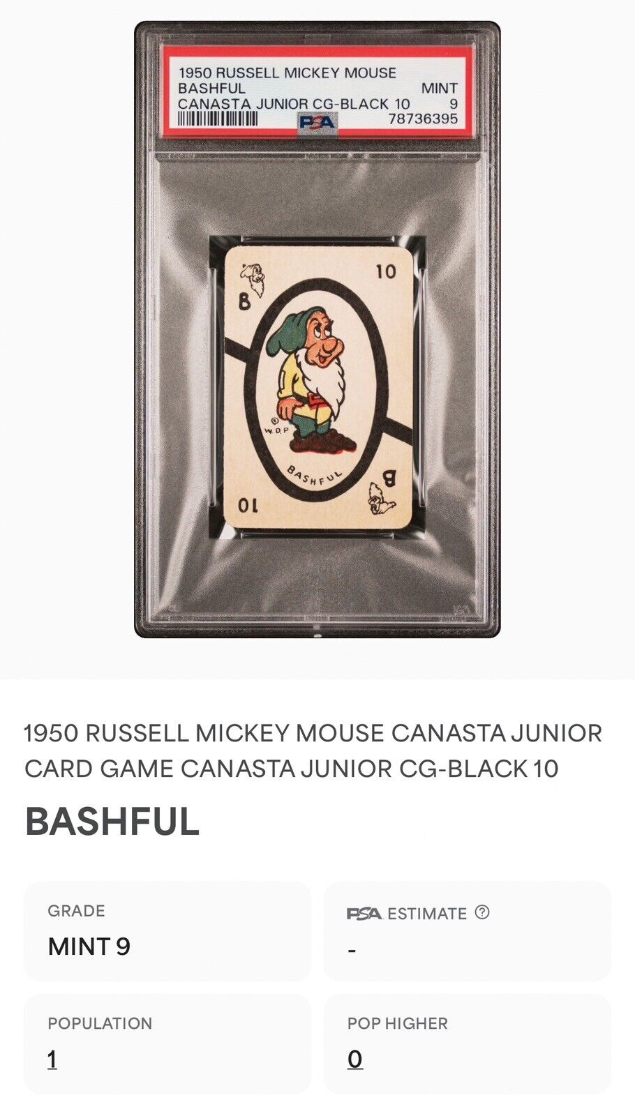 RARE VINTAGE 1950s RUSSELL MICKEY MOUSE BASHFUL CANASTA CARD PSA 9 MINT