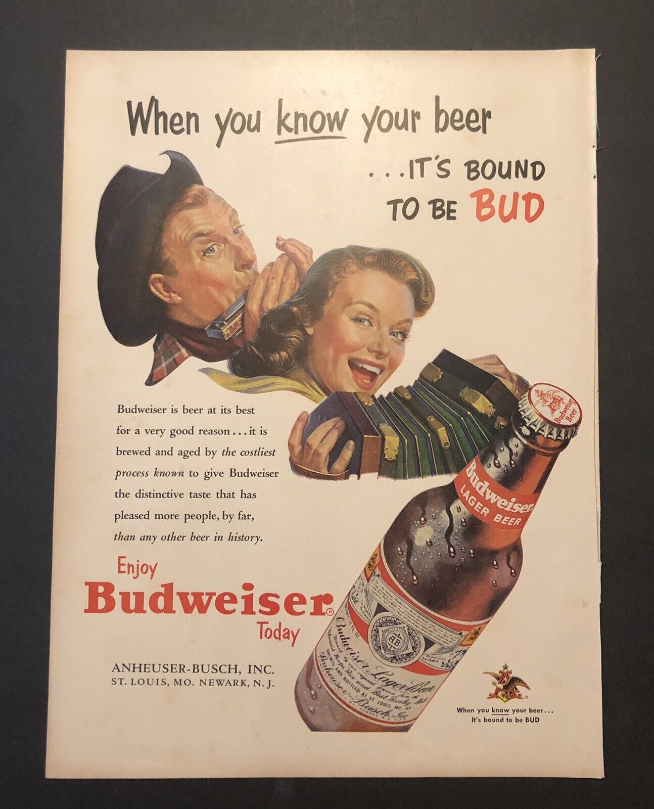 1950’s Beer Budweiser Harmonica Music Theme Magazine Ad