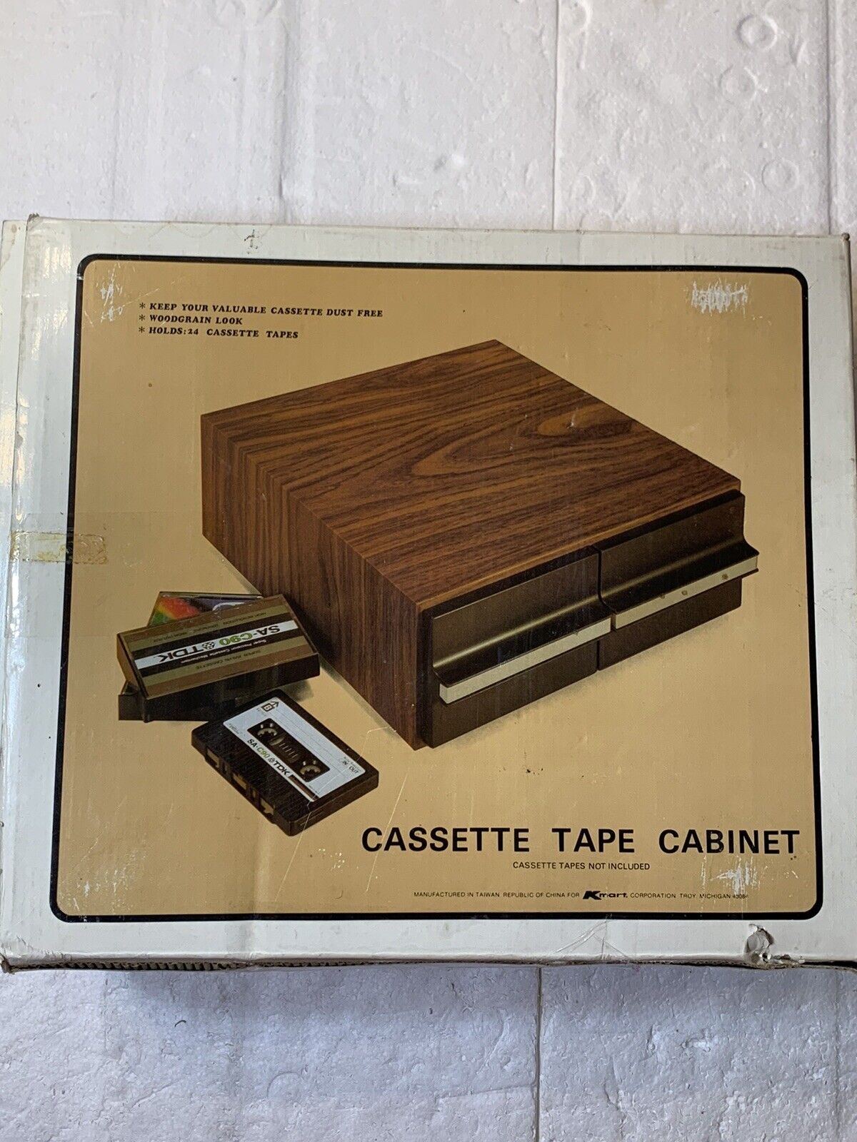 Vintage New Cassette Tape Cabinet Woodgrain Look Holds 24 Tapes Original Box
