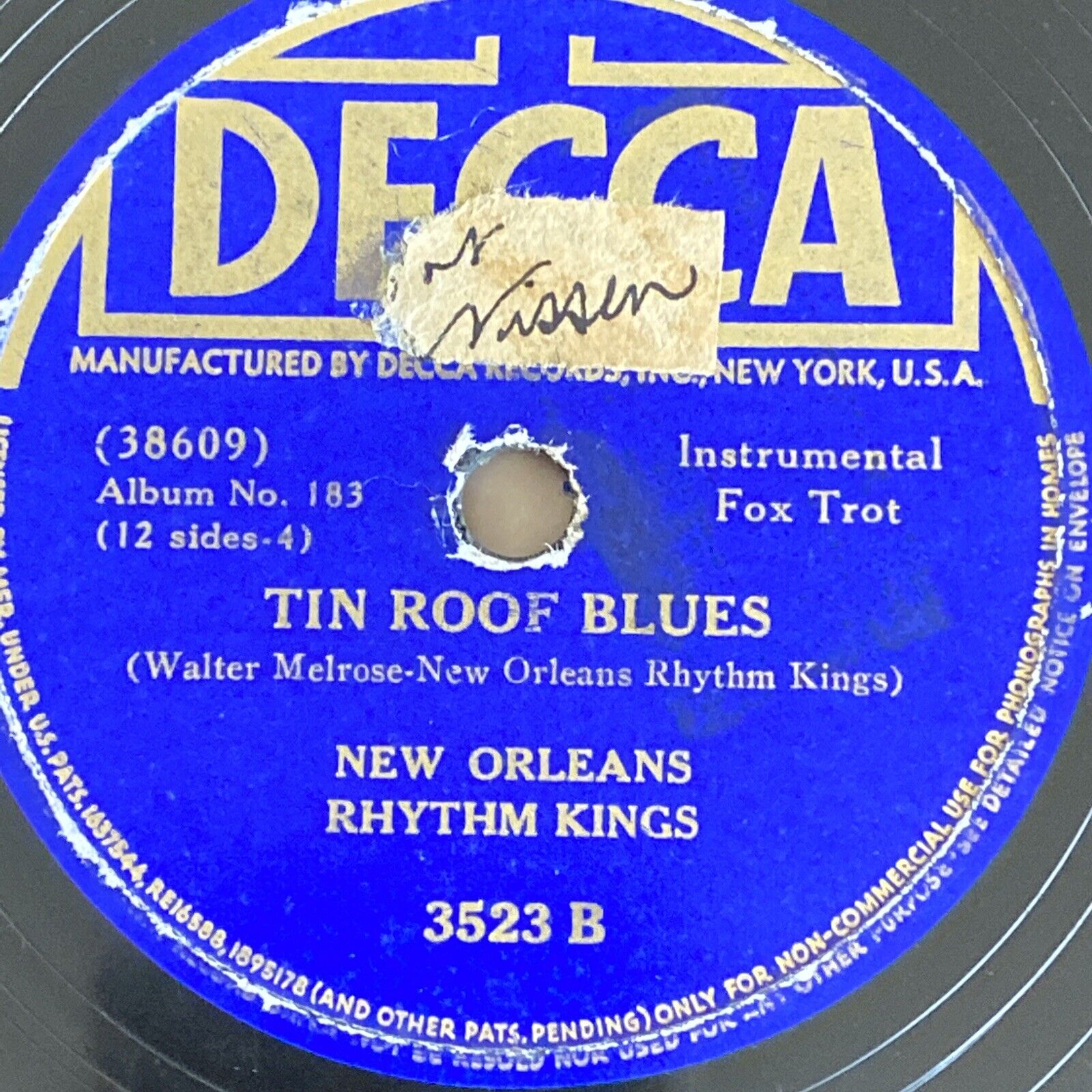 New Orleans Rhythm Kings 78 rpm DECCA 3523 TIN ROOF BLUES 1934 JAZZ