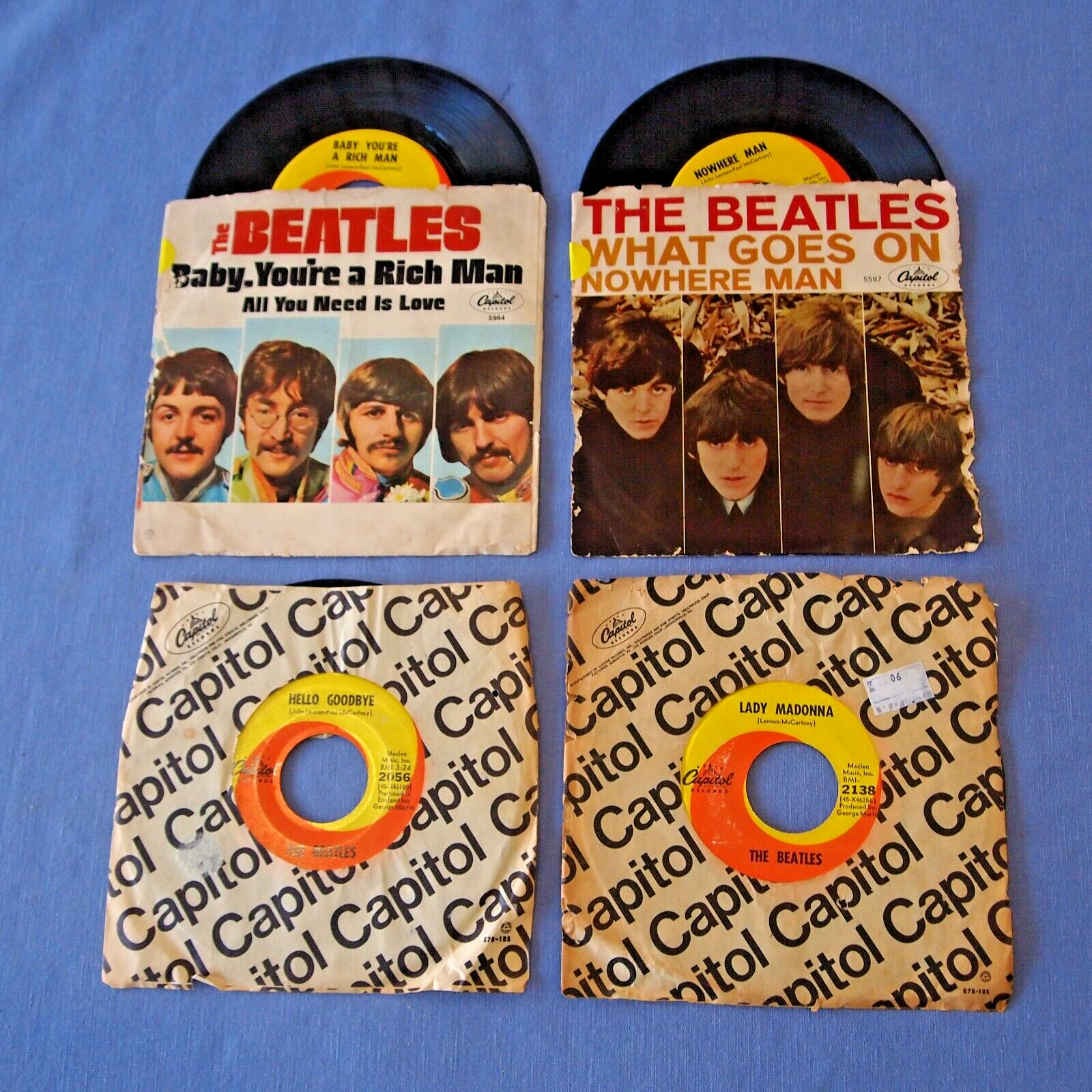 VINTAGE ORIGINAL   BEATLES LOT OF  4 with two PICTURE SLEEVES CAPITOL 45'S
