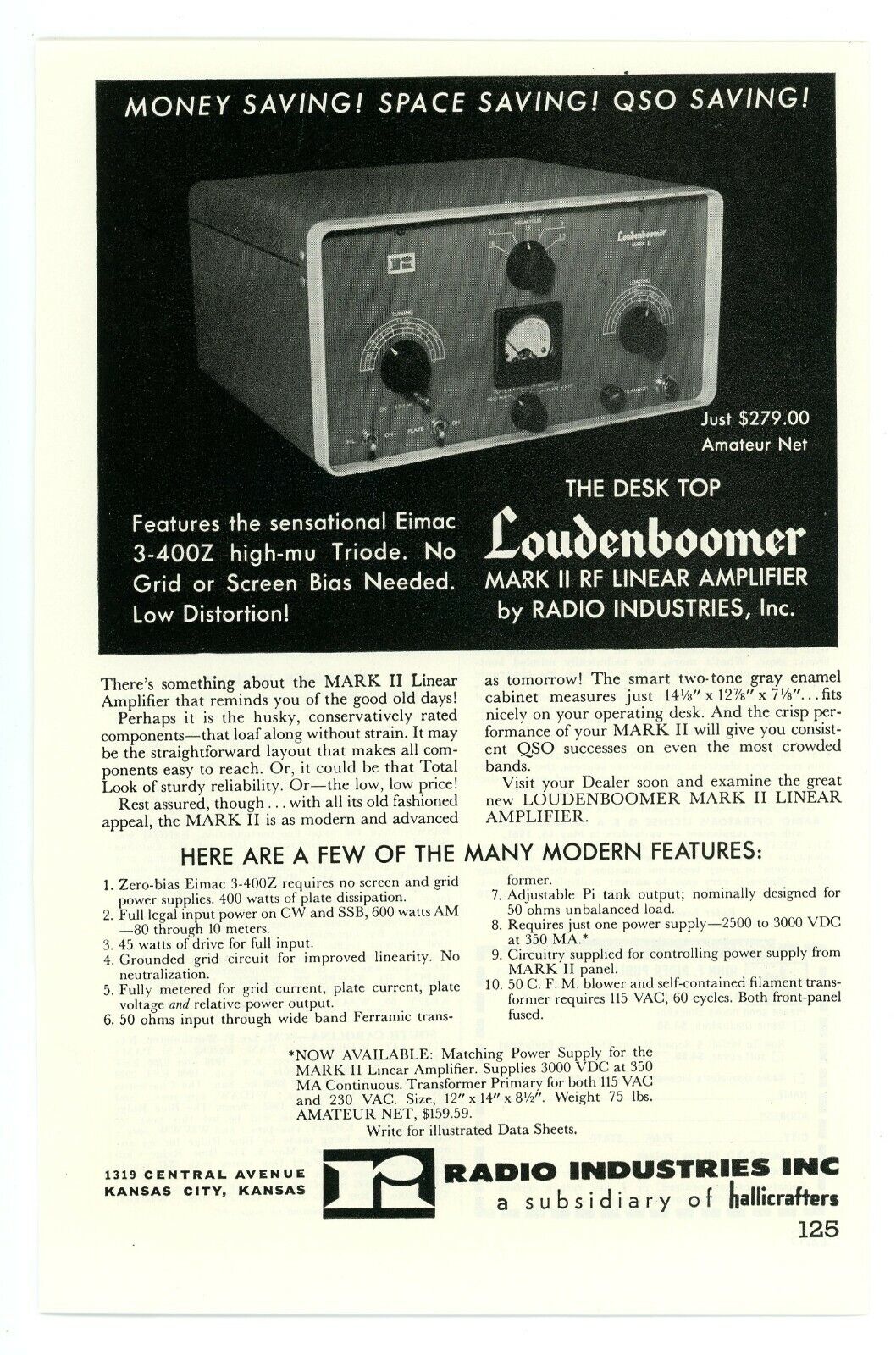 QST Ham Radio Magazine Print Ad Loudenboomer Mark II RF Linear Amplifier (3/63)