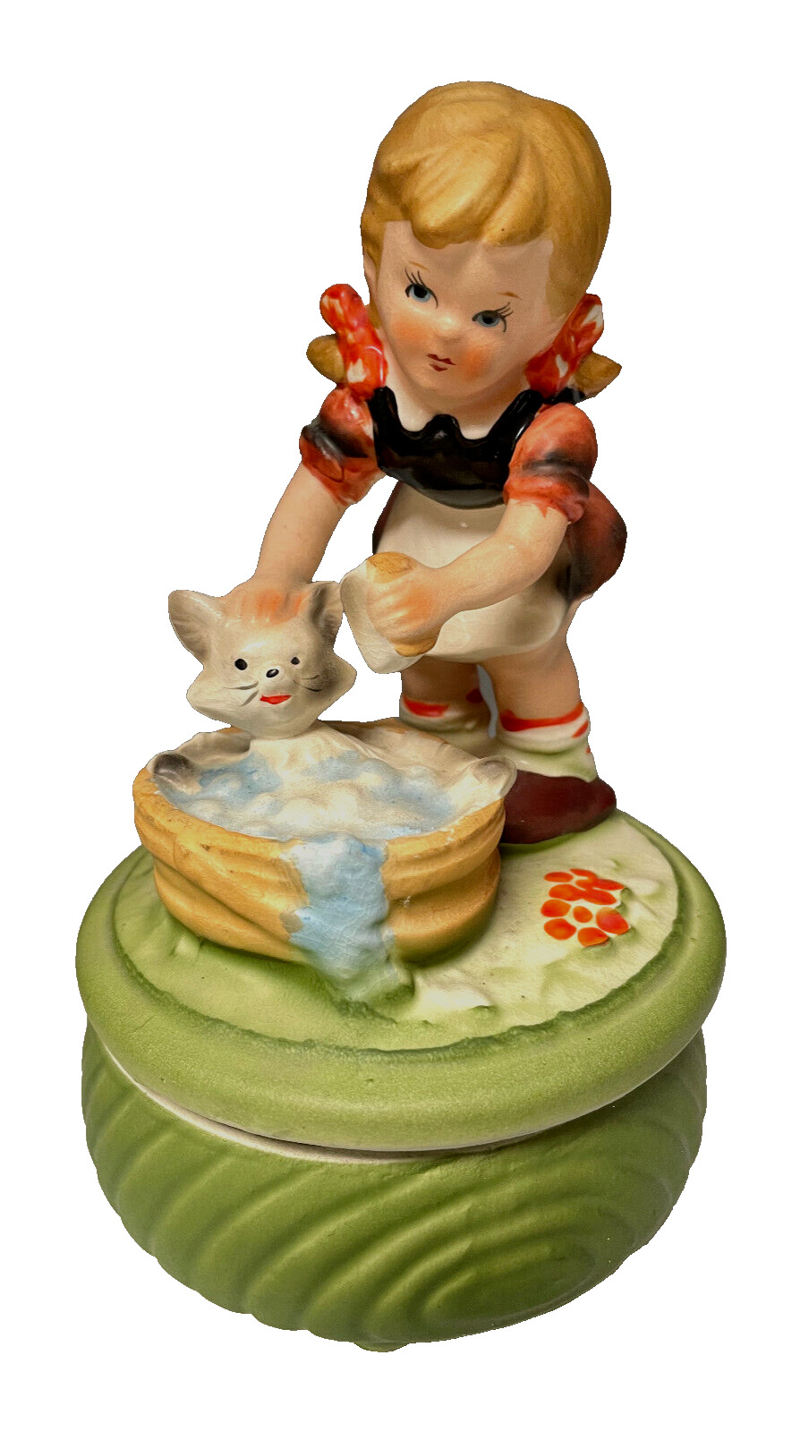 Vintage Music Box Girl Washing Kitty Cat in Tub Figurine PLAYS Tundra Imports