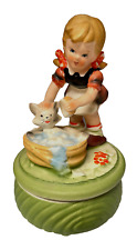 Vintage Music Box Girl Washing Kitty Cat in Tub Figurine PLAYS Tundra Imports picture