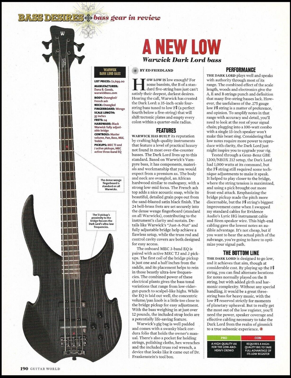Warwick Dark Lord bass guitar review sound check article print