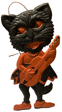 ANTIQUE/VINTAGE 1920’S GERMAN HALLOWEEN DIECUT - SMALL CAT BAND MEMBER W/GUITAR picture