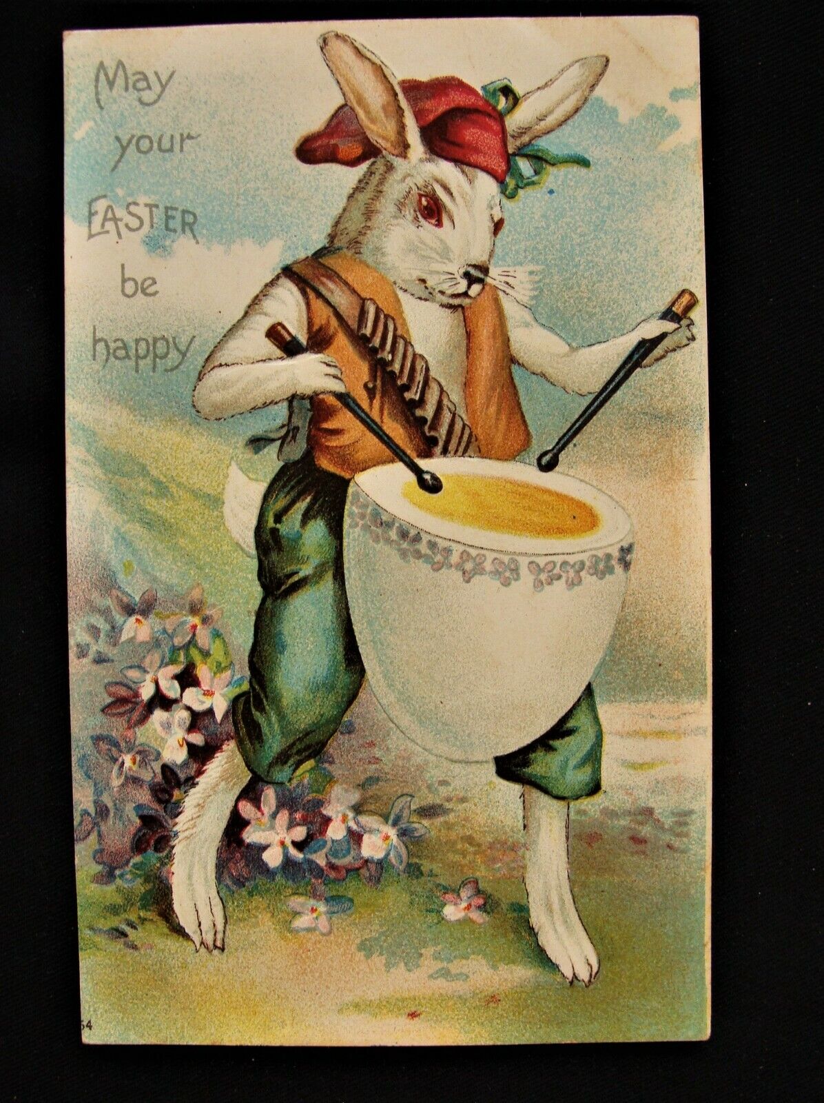 Fantasy Dressed Rabbit Marches w Egg Shell Drum Easter IAPC Embossed Postcard ~