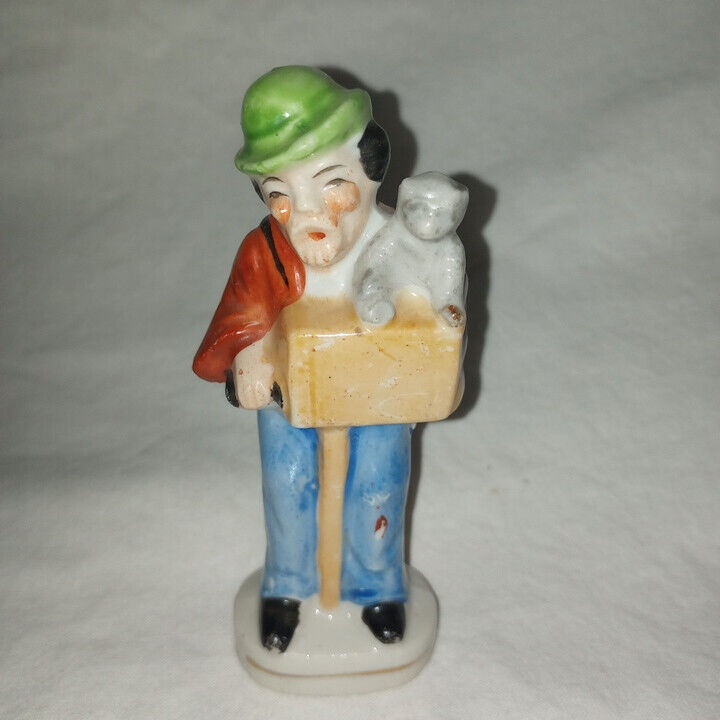 Vintage Made In Japan Man Playing Music Box With Monkey Figurine, Green Hat