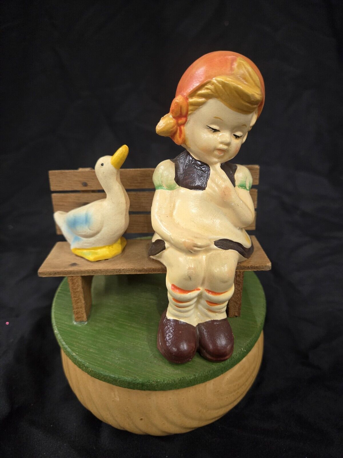 VINTAGE Tilso Figural Young Girl & Duck Sitting on Wood Bench Ceramic Music Box