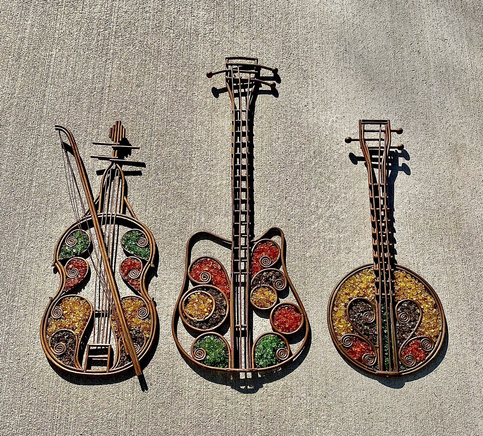 Vintage 60s LARGE Guitar Banjo Violin Lucite Chunky Gravel Wall Art Instruments