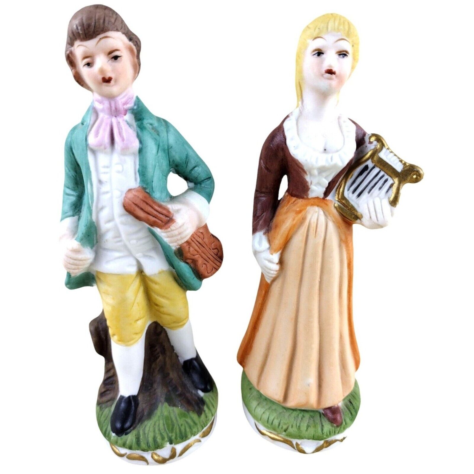 Flambro Porcelain Music Couple Bisque Boy and Girl Musicians 6 Inches Vintage