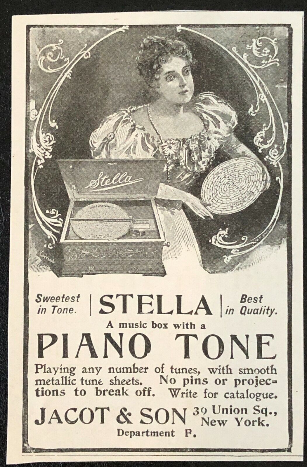 Antique 1898 STELLA MUSIC BOX w/Piano Tone Vtg Victorian Lady Print Ad~Jacot&Son