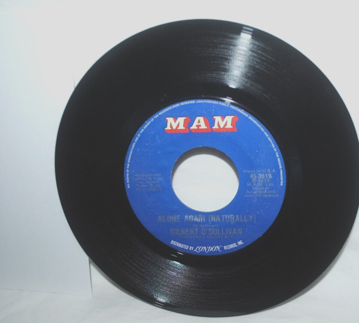 Gilbert O\'Sullivan, ALONE AGAIN (NATURALLY), 45 rpm record, EX, MAM 45-3619
