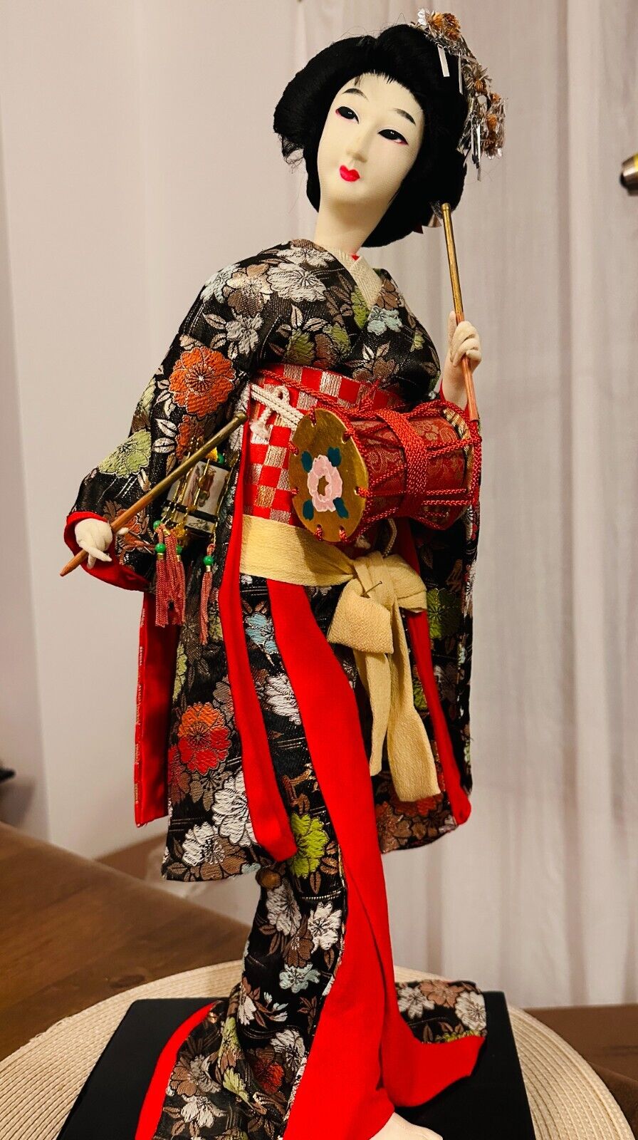 Vintage 22in Tall Japanese Geisha Doll Drum Kimono Maiko Folk Craft 