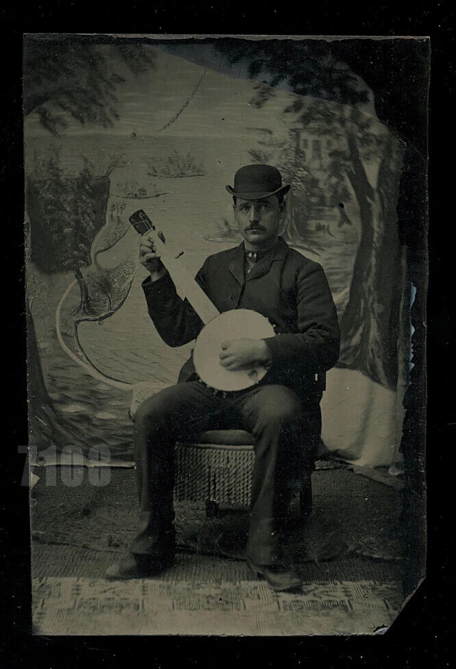1800s Tintype Photo Banjo Player in Front of Painted Backdrop Antique Music