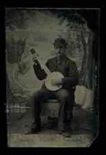 1800s Tintype Photo Banjo Player in Front of Painted Backdrop Antique Music picture