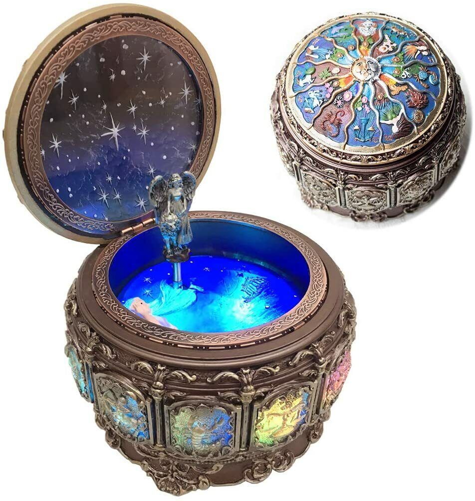 Vintage Music Box with Constellations Rotating Goddess LED Lights Twinkling