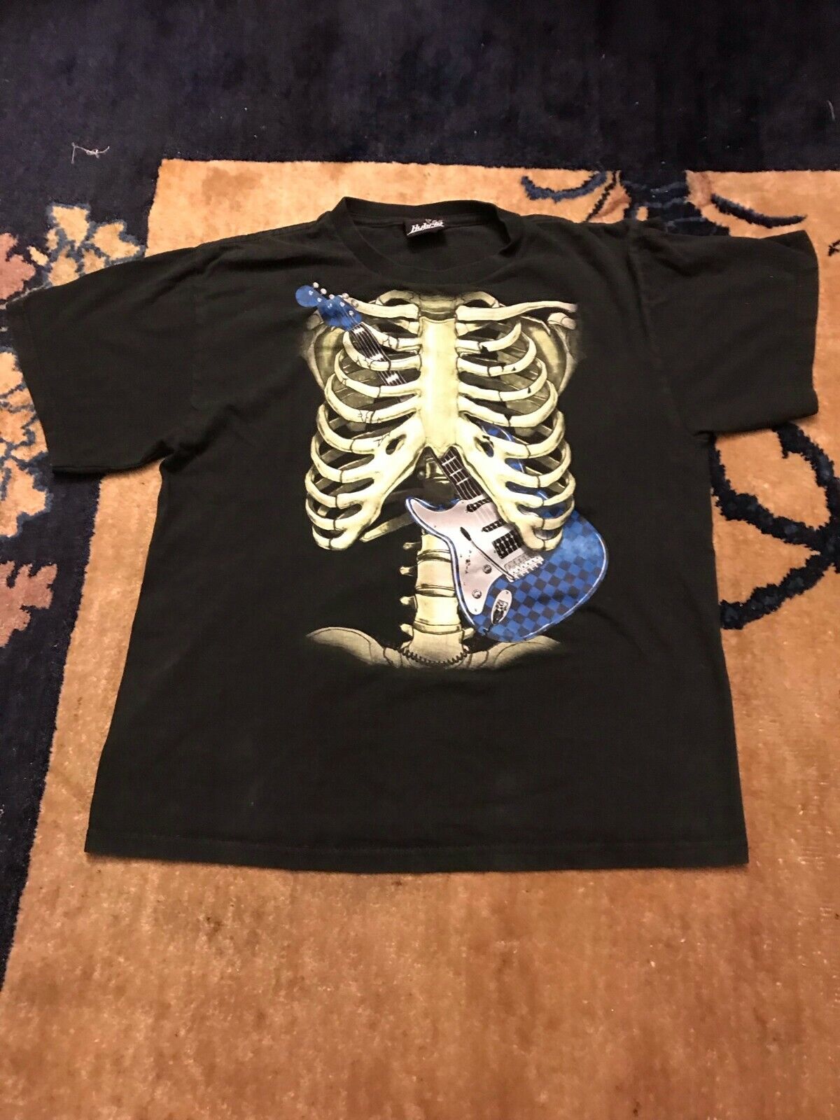 Hybrid Tees Super Cool Skeleton Guitar T Shirt Musician theme Black Tee Size XL