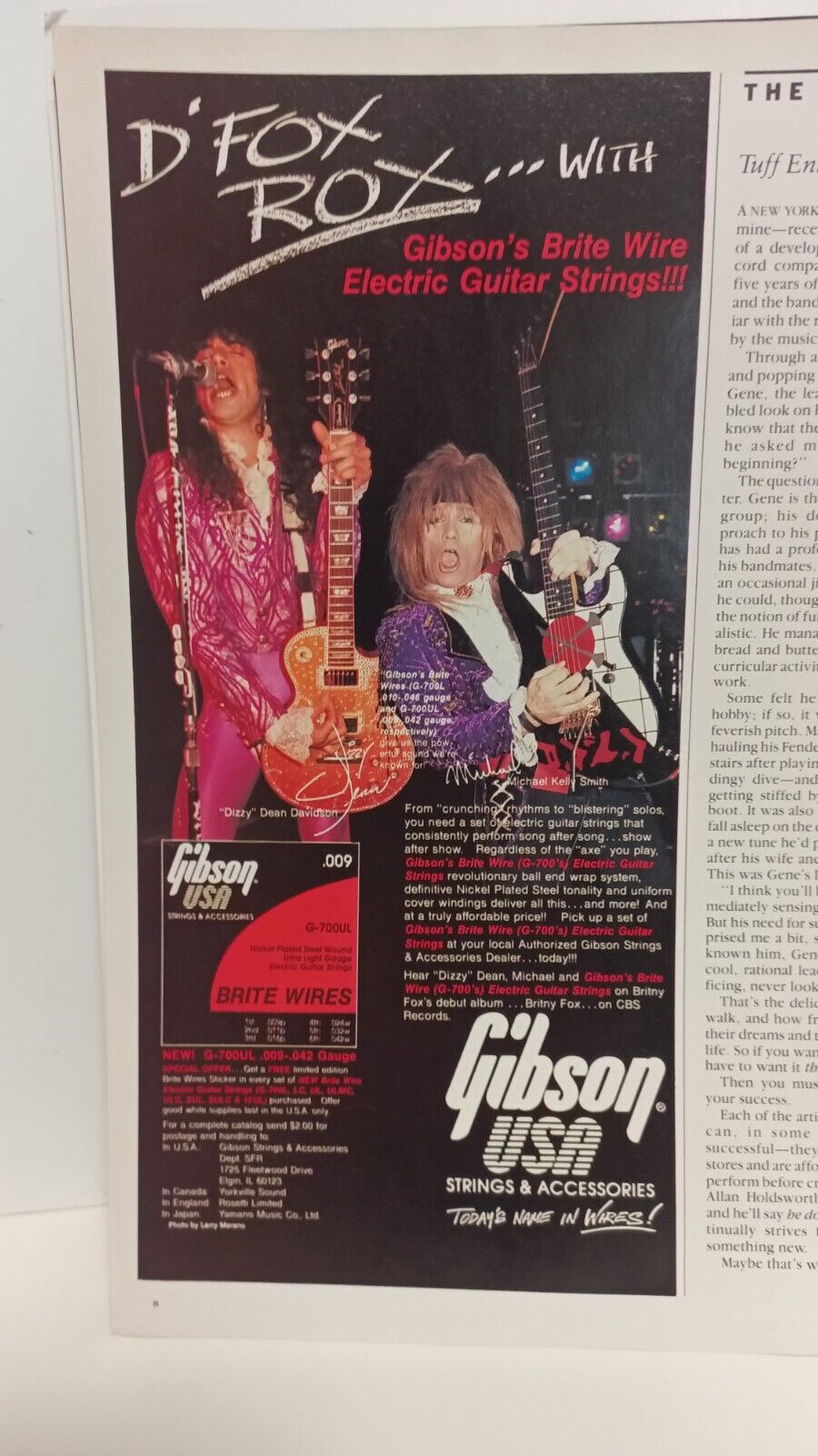 BRITNY FOX  GIBSON GUITAR STRINGS - 1990  PRINT AD - 11X8.5 . x3