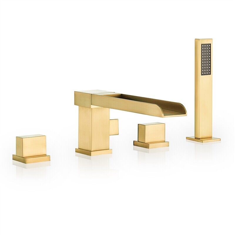 Nairn Deck-Mount Roman Waterfall Tub Filler in Brushed Gold with Handshower