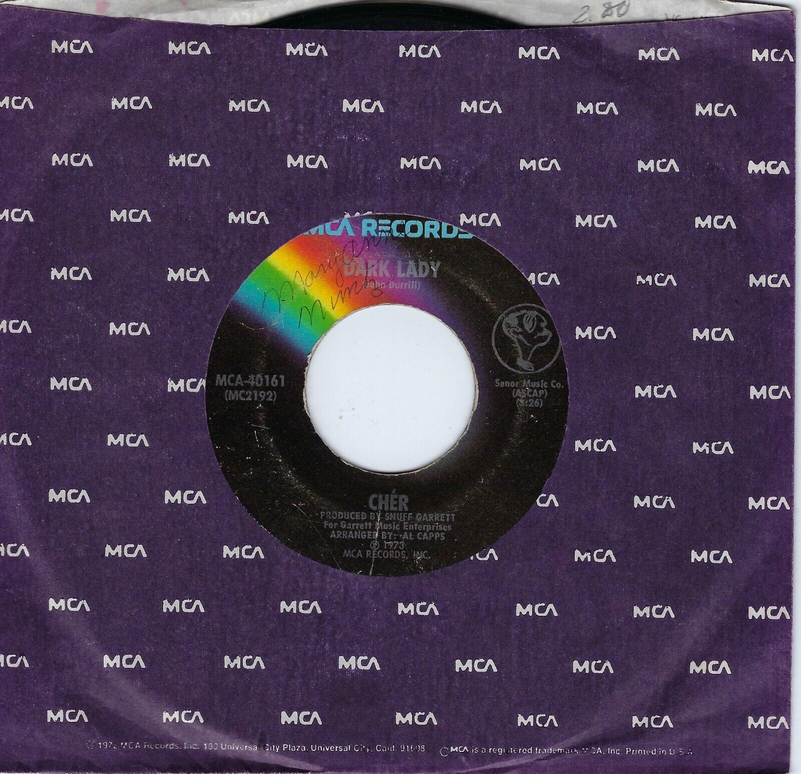 Cher Vinyl 45 Dark Lady / Two People Clinging To A Thread on MCA VG Rock