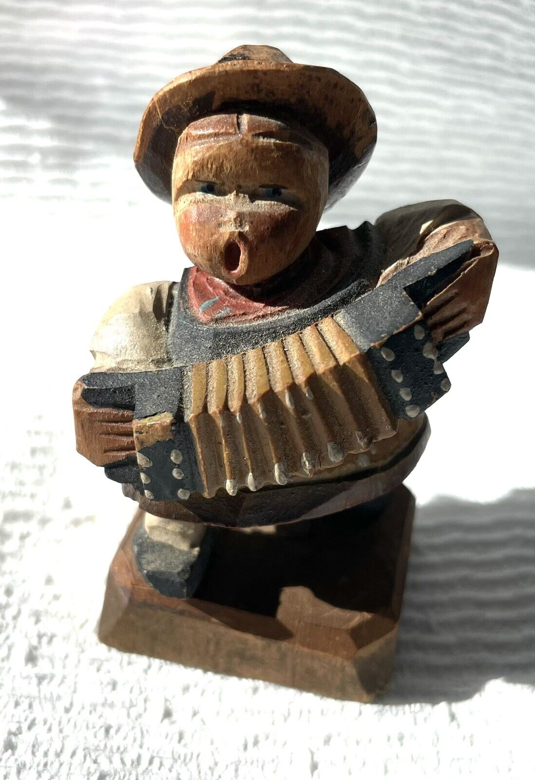 Vintage Miniature Carved Girl Playing Accordion 1948.  
