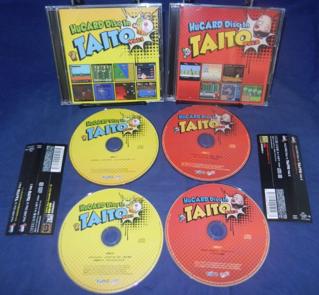 HuCARD Disc in TAITO Volumes 1 & 2 OSTs, 4 CDs LN, JAPAN, w/ Obi Strips, Manuals