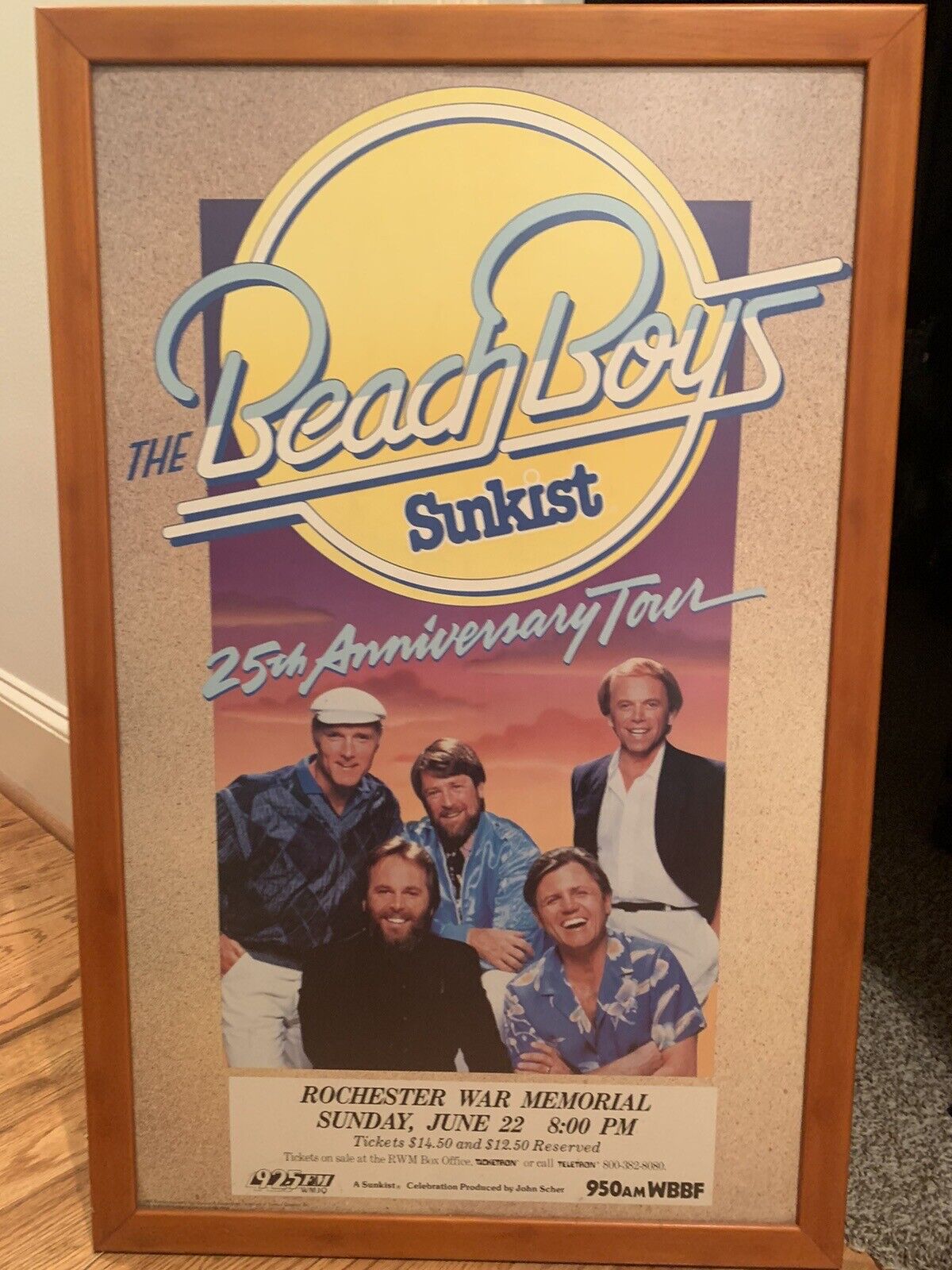 Large Vintage Beach Boy Concert Poster On Metal Board. framed . 37x24in. Metal .