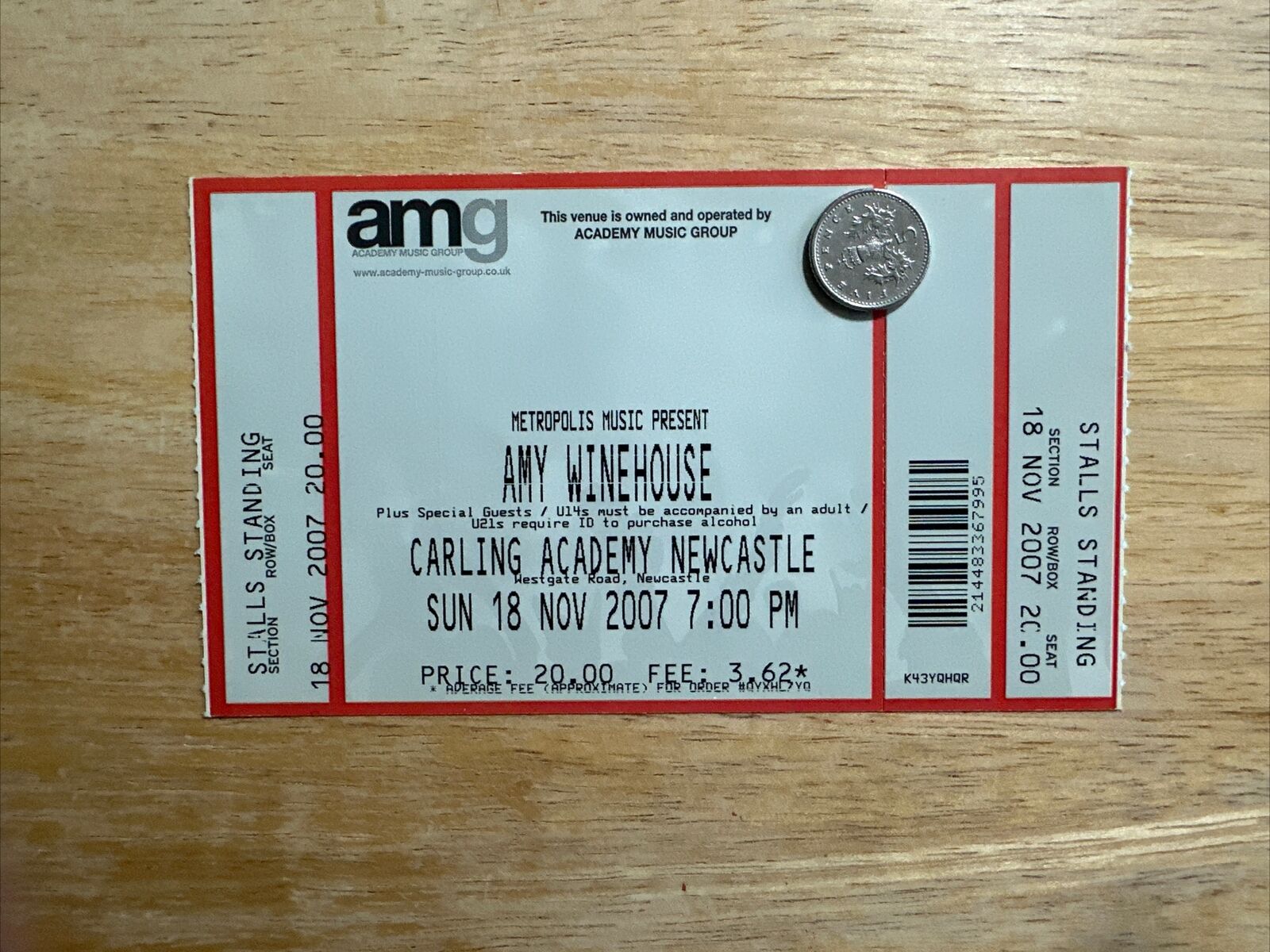 Amy Winehouse  Concert Ticket Carling Academy Newcastle 18/11/07 #KA-0312721