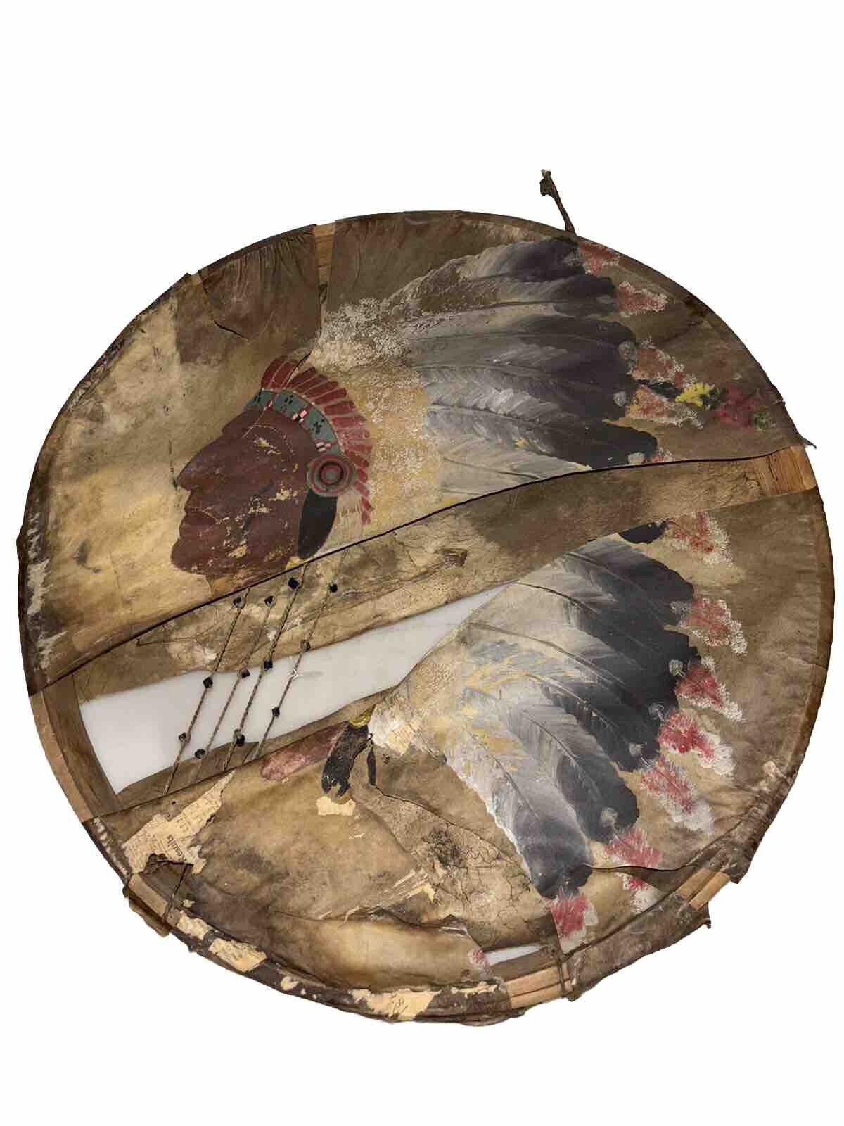 Antique Native American Indian Hand Painted Drum Circa Late 1800s