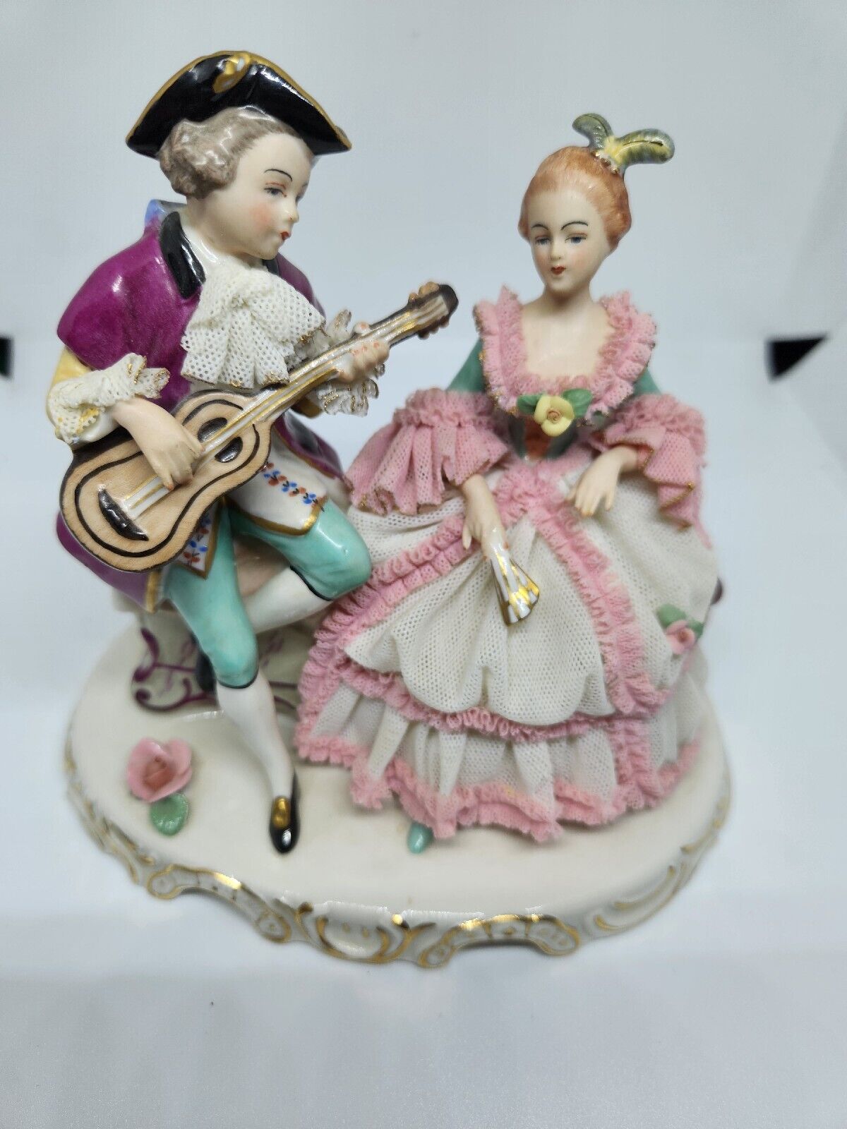 Antique Wessel Frankenthal Germany Courting Guitar Couple  Porcelain Pink Dress 