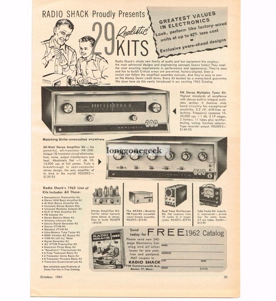 1961 Radio Shack Realistic 214 FM Stereo Tuner HK-208 Amplifier Vintage Print Ad