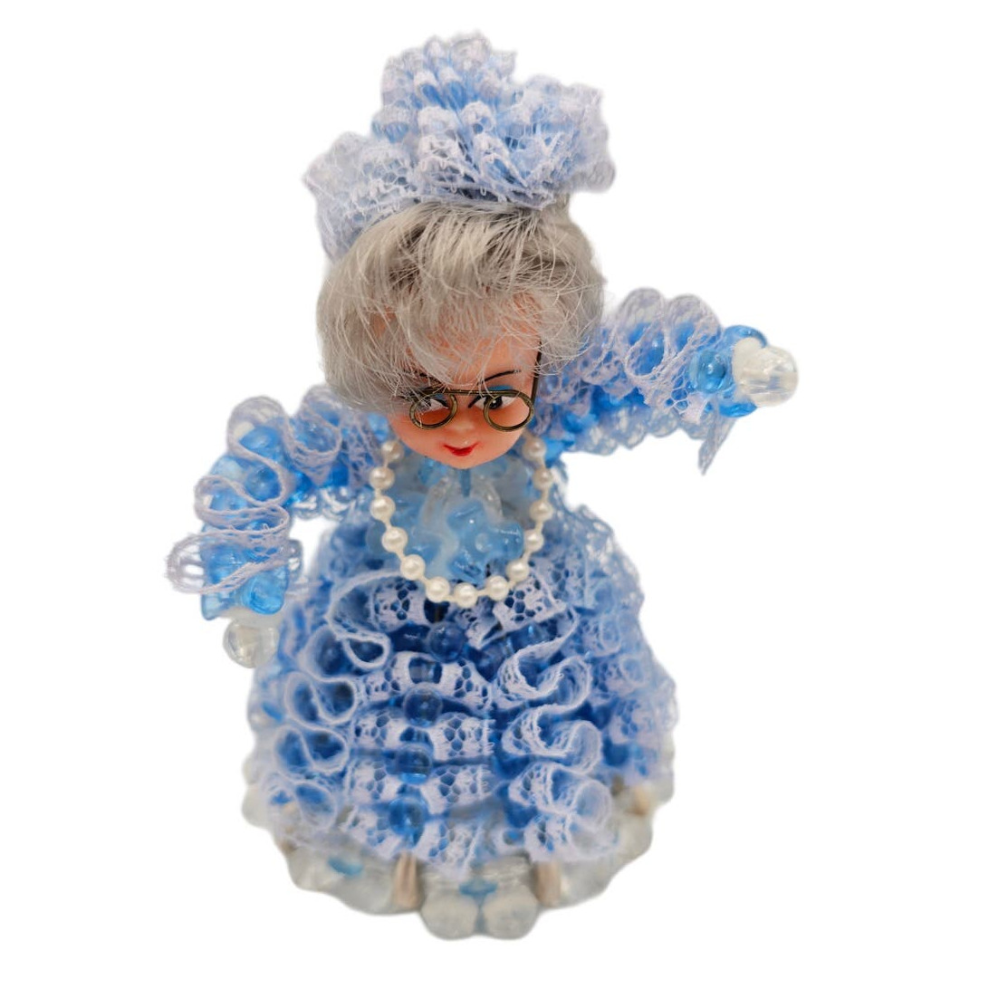 Vintage 1970s Music Box Dancer Doll Blue Dress Grandma Glasses 
