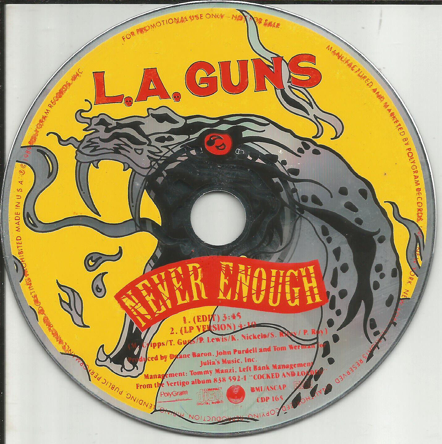 L.A. GUNS Never Enough w/ RARE EDIT 1989 USA PROMO Radio DJ CD single CDP165 La