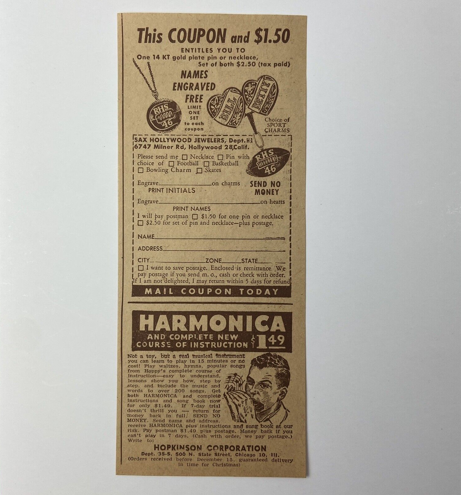 Vintage Print Ad Harmonica Engraved Necklace Sax Hollywood Jeweler Coupon 1940s