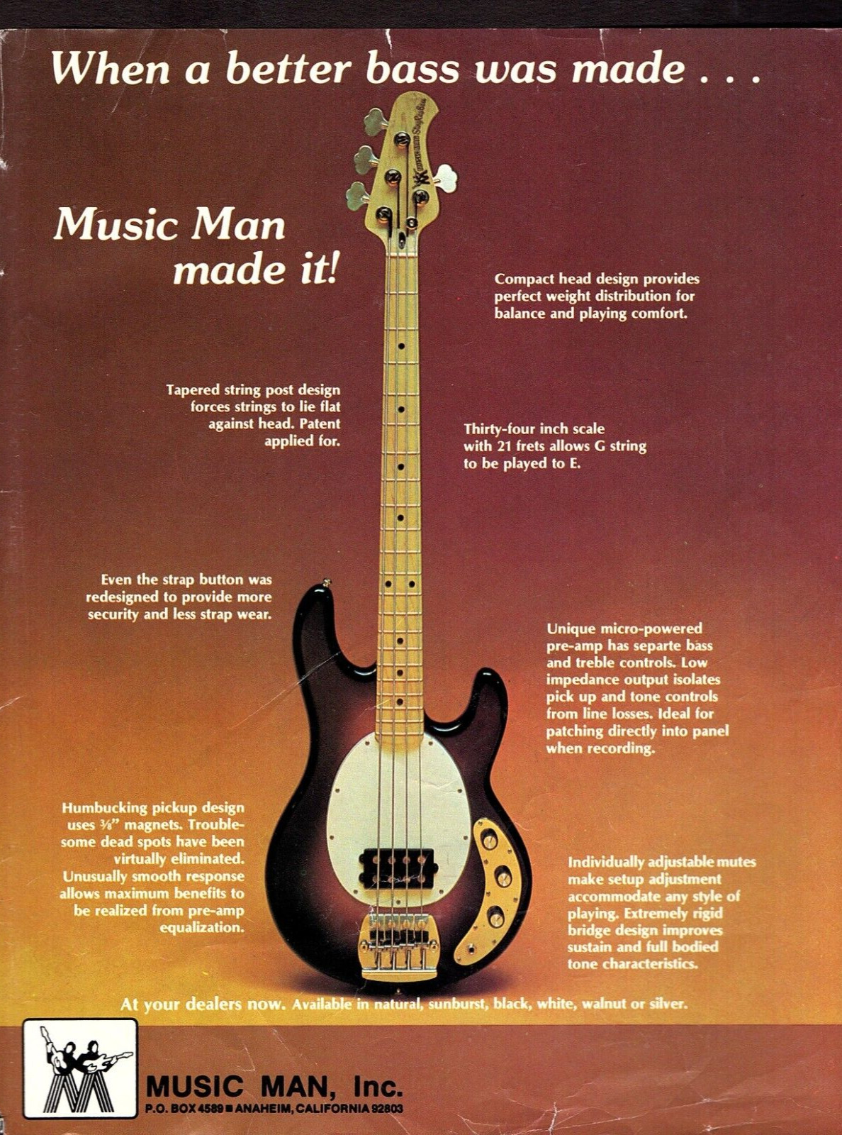 vtg 1970s MUSIC MAN STINGRAY MAGAZINE PRINT AD Bass Guitar Pinup Page