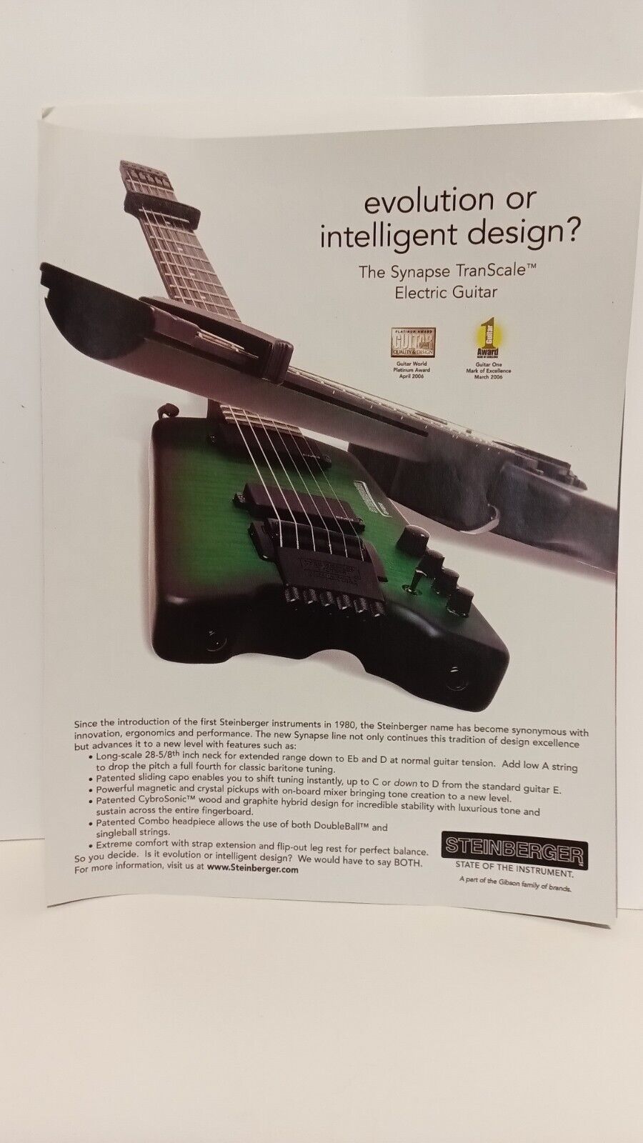 STEINBERGER GUITARS SYNAPSE TRANS SCALE GUITAR -  PRINT AD - 11X8.5 . x3