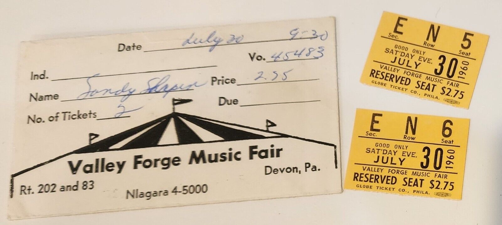 vintage Rare 1960 Valley Forge Music Fair Ticket Stubs + original tiny envelope