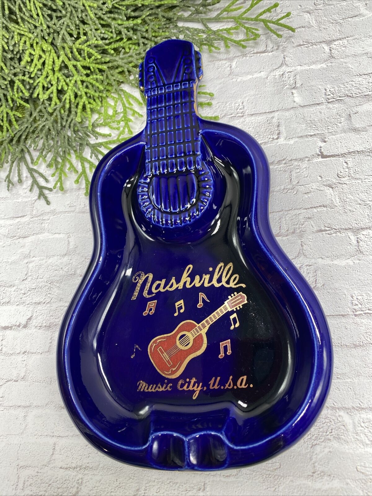 Vintage Nashville Music City USA Tennessee Blue Enamel Ashtray, Japan ~8 X 4 .5”